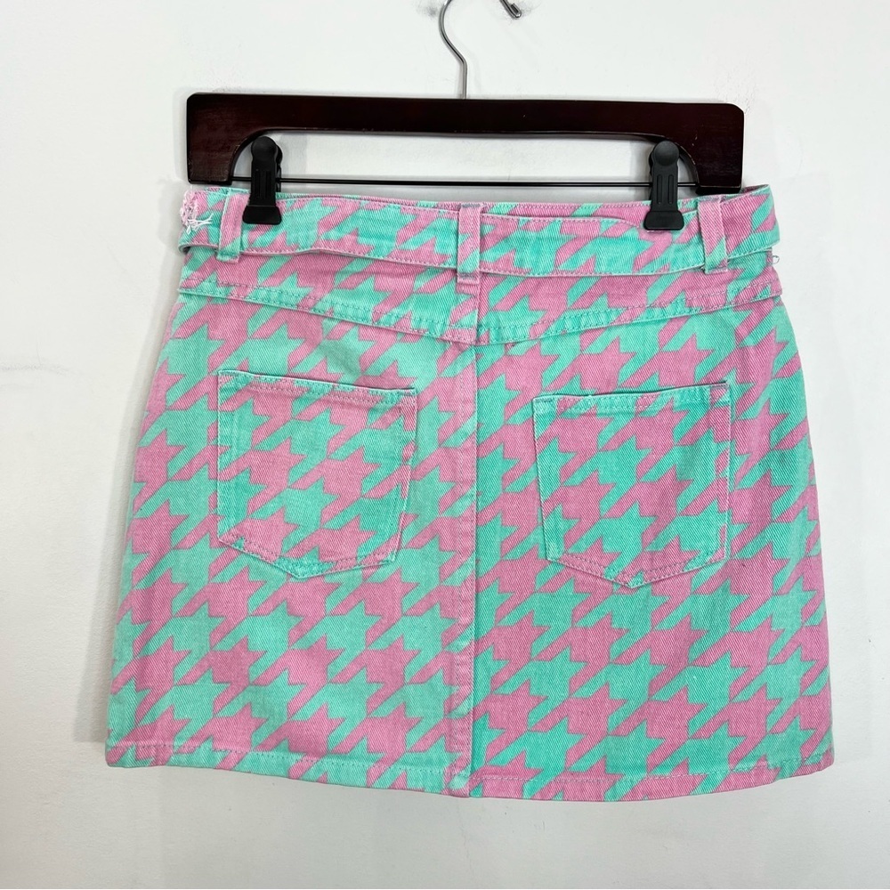 Signature 8 aqua pink houndstooth check belted denim mini skirt M - Picture 3 of 11